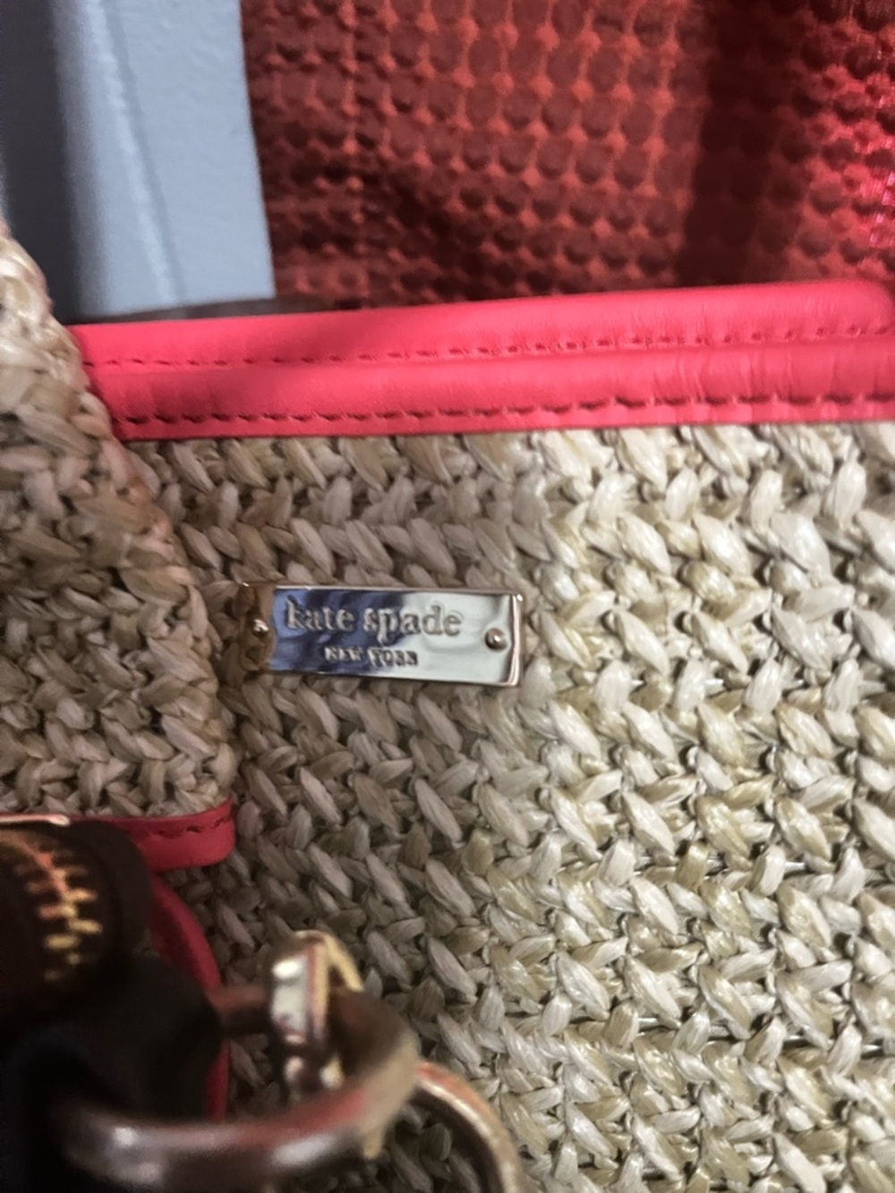 SOLD kate spade Natural Straw Tote with Red Trim and Bow EUC MSRP 248 - Picture 5 of 6